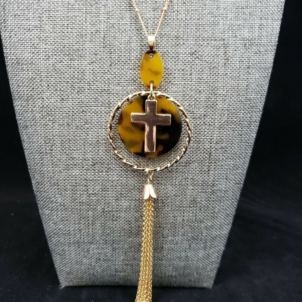 C1946 Cross, Calico and Rose Gold Tone Necklace